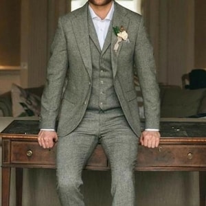Green Tweed 3 Piece Suits Elegant Formal Fashion Suits Stylish Wedding Groom Suits Bespoke For Men