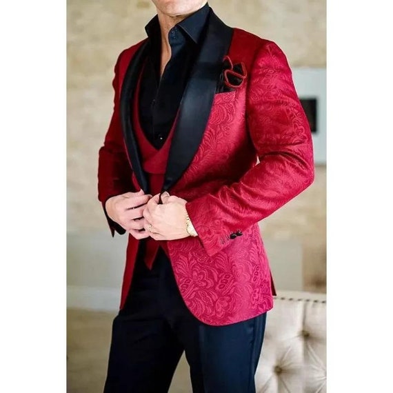 Men Suits Red Floral 3 Piece Slim Fit Elegant Formal Fashion Suits Groom  Wedding Suits Party Wear Dinner Suits Stylish Suit Bespoke for Men 