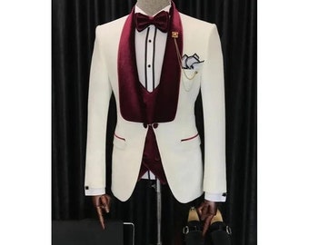 Men Suits Off White Red Velvet Lepel Luxury 3 Piece Suits Stylish Wedding Groom Suits Party Wear Suits Bespoke For Men