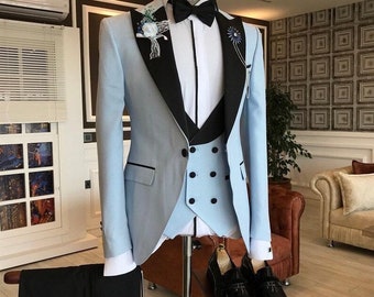 Sky Blue Designer 3 Piece Men Suits Stylish Wedding Groom Suits Prom Suits Dinner Suits Bespoke For Men