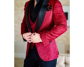 Men Suits Red Floral 3 Piece Slim Fit Elegant Formal Fashion Suits Groom Wedding Suits Party Wear Dinner Suits Stylish Suit Bespoke For Men