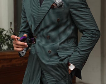 Stripe Suit For Men / Green Double Breasted Pin Stripe Suit / Business Suit / office 2 Piece Suit For Men