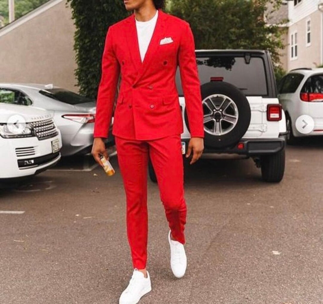 Men Suits Double Breasted Red 2 Piece Suits Elegant Formal Fashion