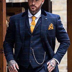 Men Suit Blue Plaid and Tweed 3 Piece Slim Fit Elegant Formal Fashion Suit Groom Wedding Suit Party Wear Suits Stylish Suits Bespoke For Men