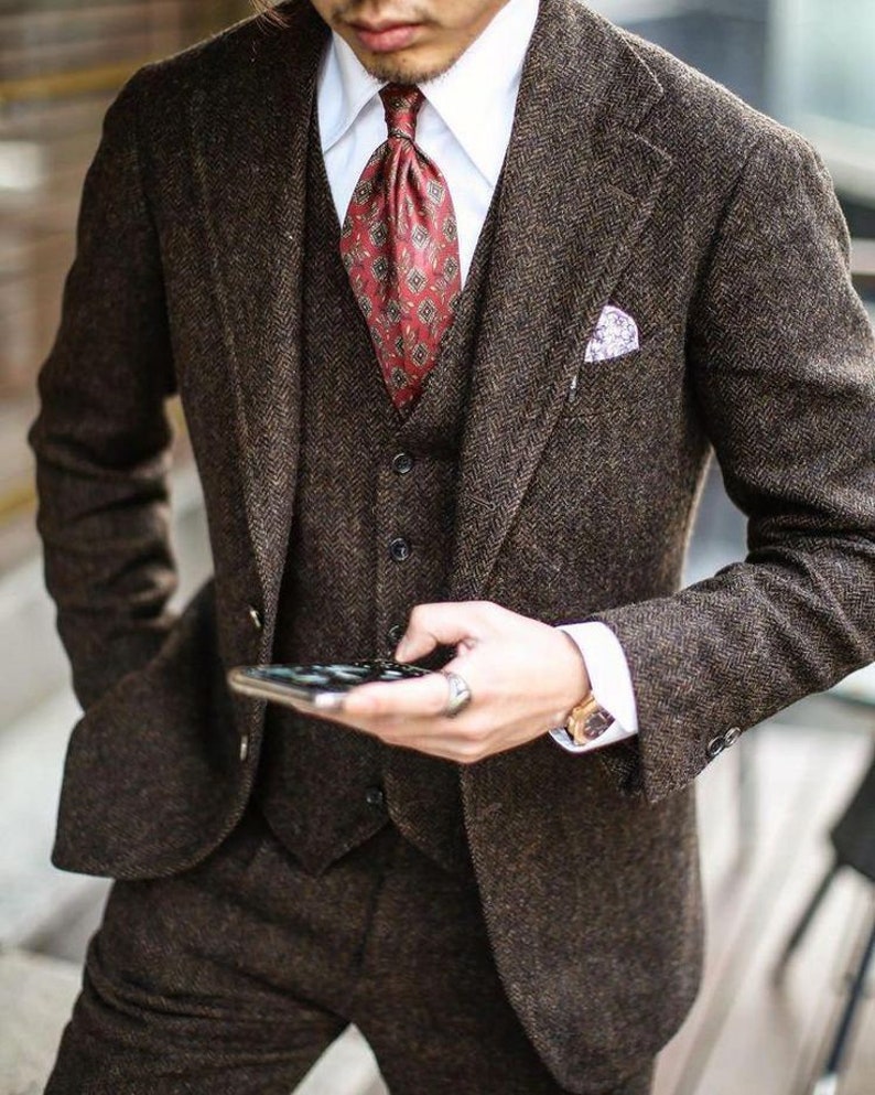 Men Suits Modella Brown Tweed Herringbone 3 Piece Suits Stylish Winter ...