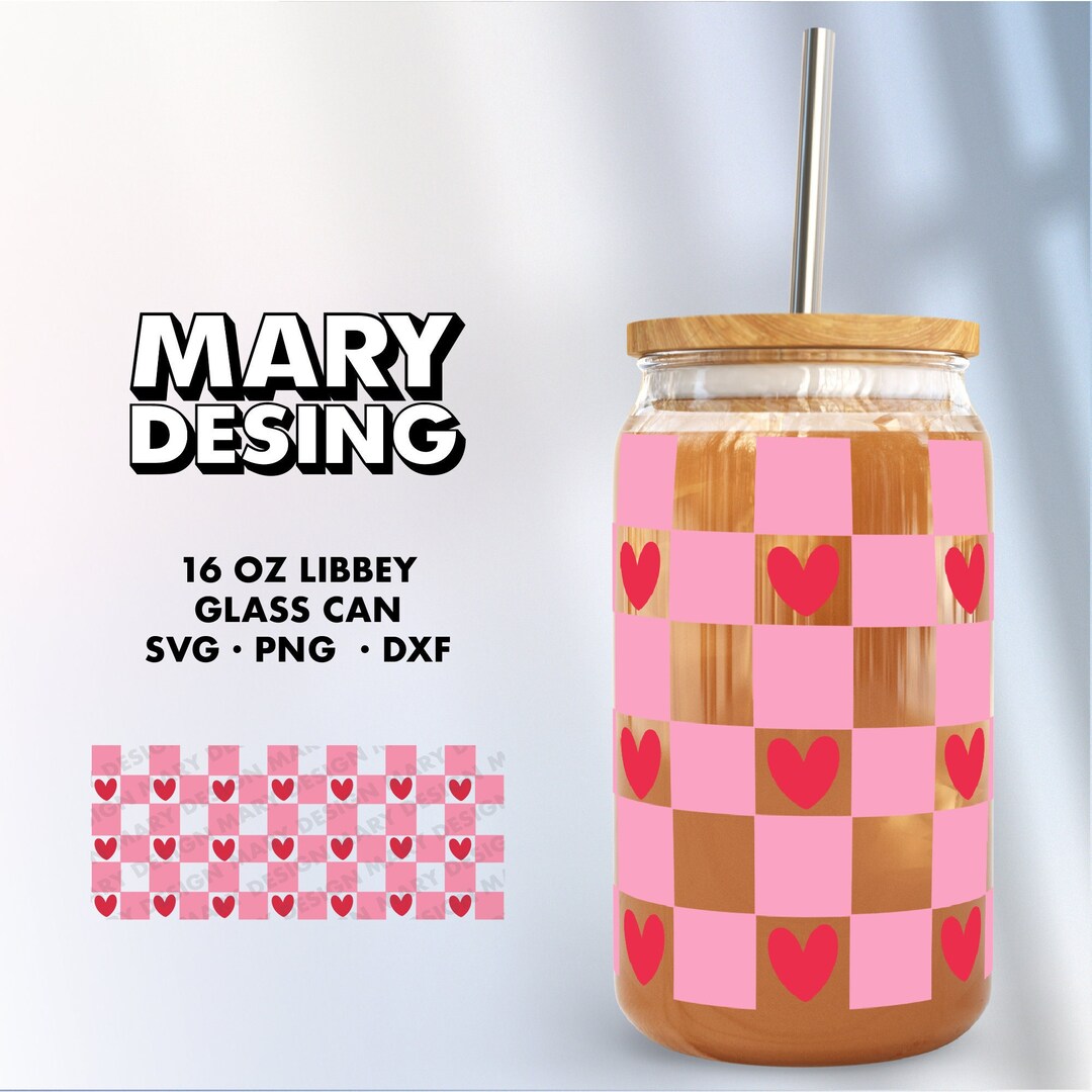 Checkered Heart Libbey Glass Wrap SVG, Libbey Can Glass 16 Oz Svg ...