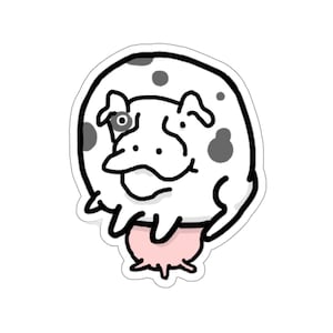 Könnte beinhalten: Ein weißer Aufkleber mit einem Cartoon-Kuh-Design. Die Kuh hat schwarze Flecken, ein rosa Euter und schwarze Umrisse. Die Kuh hat einen fröhlichen Gesichtsausdruck und ein skurriles Design.