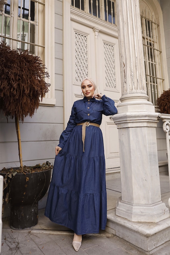 Hijab Denim Dress Denim Islamic Dress Long Sleeve A line Jean