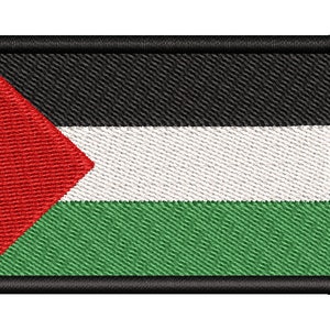 May include: Embroidered patch featuring the flag of Palestine. The flag design includes a red triangle on the left, with black, white, and green horizontal stripes. The patch has a black border.