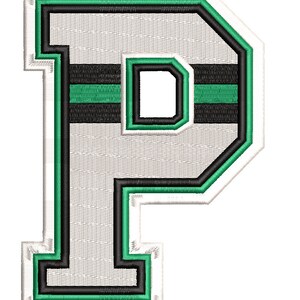 May include: A white felt letter P with black and green outlines. The letter has a black and green striped design.