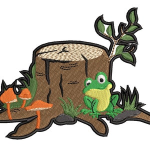 May include: A brown tree stump with a green frog sitting on it. There are three orange mushrooms growing at the base of the stump and green leaves growing from the top of the stump.