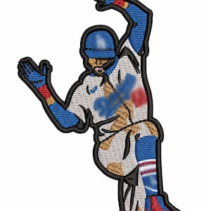 May include: Embroidered patch featuring a baseball player in a dynamic pose. The player is depicted in a white uniform with blue and red accents, wearing a blue helmet. The design has a textured, stitched appearance with a black outline.