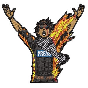 May include: Embroidered patch featuring a figure with arms raised, engulfed in flames. The figure wears a vest with "PRESS" on it and a black and white checkered scarf. The design has a distressed, cartoonish style.