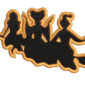 May include: An embroidered patch with a black silhouette of three people holding hands, outlined in gold thread.