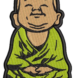 May include: Embroidered patch featuring a smiling Buddha figure. The Buddha is depicted with a tan face and a green robe, outlined in black. The patch is designed with a detailed, textured appearance.