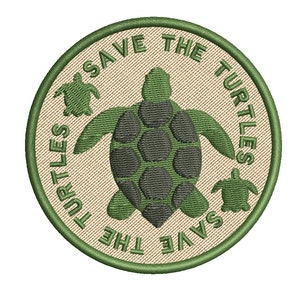 May include: A green embroidered patch with the text "Save the Turtles" in a circle. The patch features a green sea turtle with a brown shell and two smaller sea turtles.