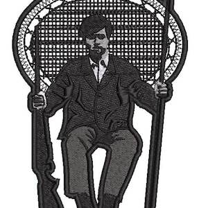 May include: Black and gray embroidered design of a man seated in a chair, holding a rifle and a spear. The man is wearing a suit and boots. The chair has a circular back with a woven pattern.