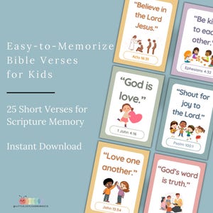 Cartões de versículos bíblicos curtos para impressão Morning Basket, Flashcards de escrituras pré-escolares, 25 versículos curtos coloridos para memorização para crianças, download instantâneo
