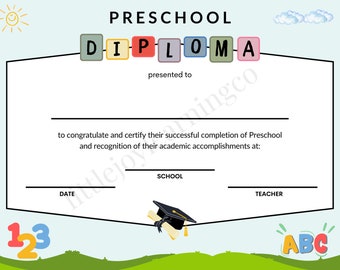 Printable Preschool Graduation Diploma Certificate (Digital Download)