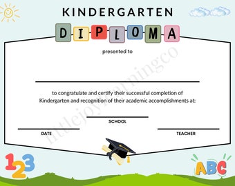 Kindergarten Graduation Diploma Certificate: Printable Keepsake (Digital Download)