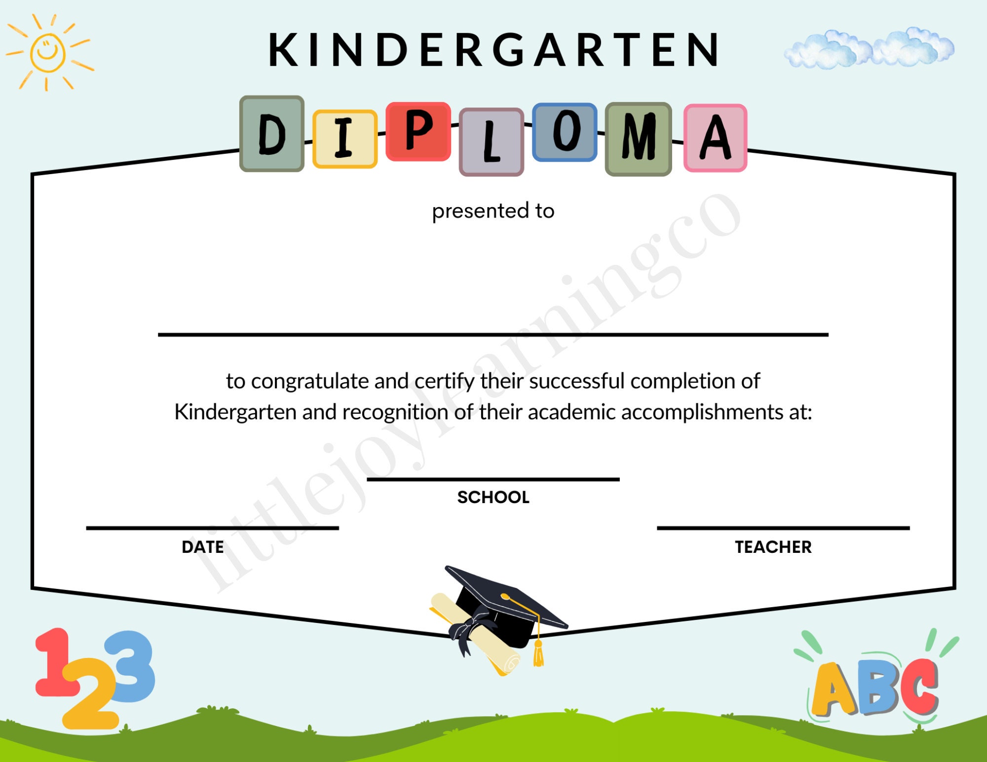 Kindergarten Graduation Certificate, Diploma Certificate, Digital ...