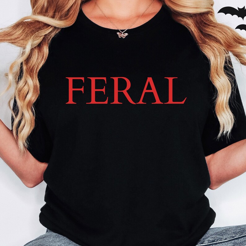 Feral T-Shirt: Red Text on Black, Trendy Goth Gift image 2