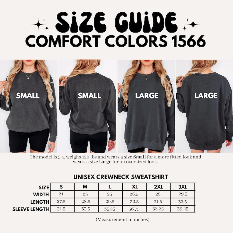 Może przedstawiać: Tabela rozmiar&oacute;w dla unisexowej bluzy z okrągłym dekoltem w kolorze Comfort Colors 1566. Tabela pokazuje wymiary w calach dla szerokości, długości i długości rękawa dla rozmiar&oacute;w S, M, L, XL, 2XL i 3XL.