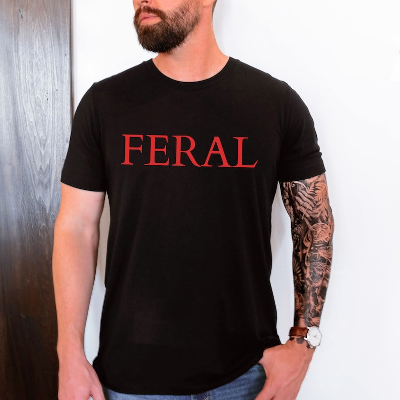 Feral T-Shirt: Red Text on Black, Trendy Goth Gift image 1