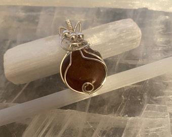 Beautiful 925 Sterling Silver Wire Wrapped Round Natural Fire Agate Pendant.