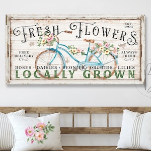 Fresh Flowers Sign | Flower Market Wall Art | Spring Bicycle Sign | Summer Decor for Home | Farmhouse Country Sign |  Canvas Art SS106