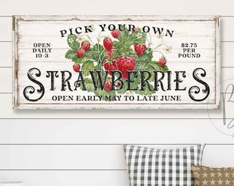 Strawberry Sign | Vintage Strawberry Sign | Antique Farmhouse Decor for Home | Strawberry Farm Sign | Summer Wall Art | Canvas Art SMS128