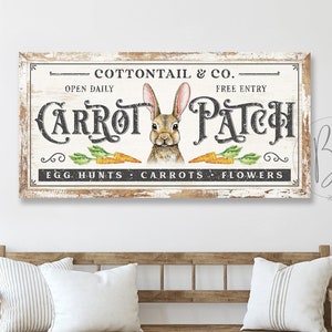 May include: A rustic wooden sign with the text "COTTONTAIL & CO." and "CARROT PATCH" in a whimsical font. The sign features a cartoon bunny with carrots and flowers, and the text "OPEN DAILY", "FREE ENTRY", "EGG HUNTS", "CARROTS", and "FLOWERS".