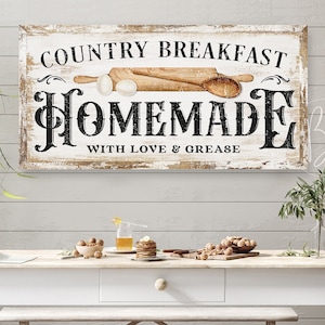 Country Breakfast Homemade with Love & Grease, Kitchen Signs for Wall, Kitchen Signs Farmhouse, Rustic Kitchen Signs Decor Large Canvas