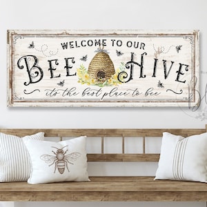 Honey Bee Welcome Sign | Honey Bee Wall Art | Bee Hive Decor | Summer Sign | Antique Farmhouse Decor for Home |  Rustic Canvas Art SMS119