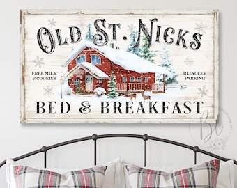 Old St Nicks Bed and Breakfast Christmas Sign, Large Christmas Wall Art, Rustic Christmas Canvas Wall Art, Holiday Wall Art, Farmhouse Decor