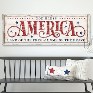 God Bless America Sign | 4th of July Decor for Home | Patriotic Sign | Independence Day | Farmhouse Vintage Decor | Canvas Wall Art SMS113