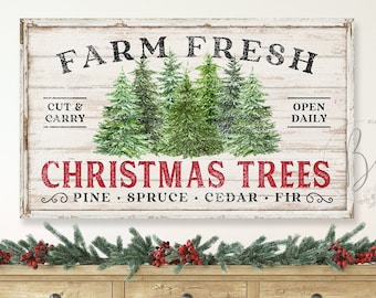 Farm Fresh Christmas Trees Sign, Large Christmas Wall Art Vintage Style, Rustic Christmas Canvas Wall Art, Farmhouse Holiday Wall Art CS108