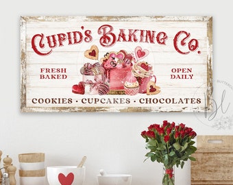 Cupid's Baking Co. Valentine's Day Sign, Valentines Rustic Kitchen Sign, Farmhouse Kitchen Wall Art Decor, Vintage Style Sign VDS109