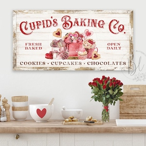Cupid's Baking Co. Valentine's Day Sign, Valentines Rustic Kitchen Sign, Farmhouse Kitchen Wall Art Decor, Vintage Style Sign VDS109