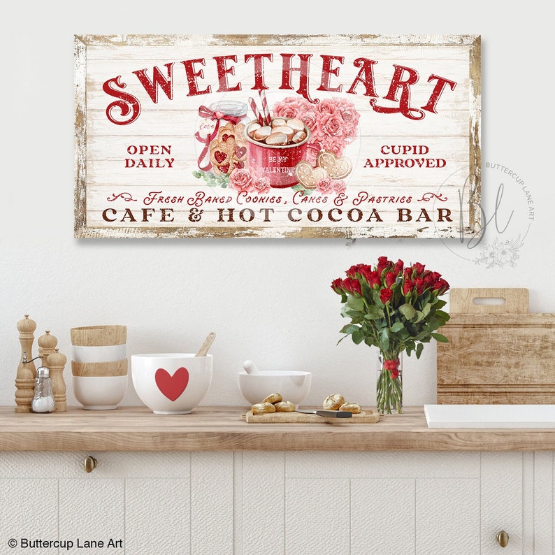 Sweetheart Cafe & Hot Cocoa Bar Valentine's Day Sign, Rustic Kitchen Sign, Farmhouse Kitchen Wall Art Decor, Vintage Style Sign VDS103 image 1