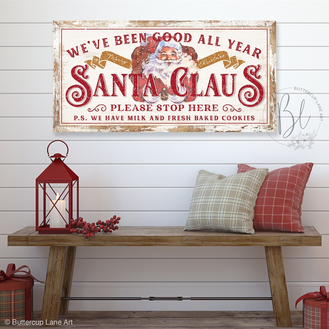 Santa Stop Here Sign, Santa Claus Sign Canvas, Farmhouse Christmas Wall