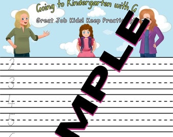 Puede incluir: Una hoja de trabajo imprimible con un fondo de cielo azul y dos mujeres de dibujos animados. La hoja de trabajo tiene un título que dice "Going to Kindergarten with G" y "Great Job Kids! Keep Practicing". La hoja de trabajo tiene 10 líneas para practicar la escritura.