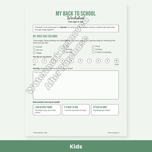 May include: A white back-to-school worksheet for kids ages K-5 with green text. It includes sections for first-day feelings, a jitter scale from 1 to 10, a drawing box, and a section for brave words to say to oneself like I can do new things.