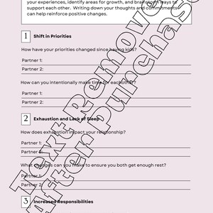 K&ouml;nnte beinhalten: Ein druckbares Arbeitsblatt mit dem Titel Navigating Marriage After Kids mit Abschnitten zu Priorit&auml;ten, Ersch&ouml;pfung und Verantwortlichkeiten. Es enth&auml;lt Aufforderungen f&uuml;r Partner, ihre Gedanken und Verpflichtungen schriftlich festzuhalten.