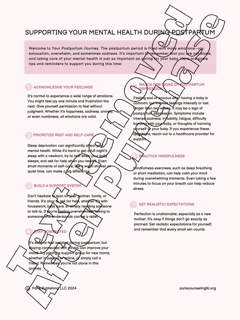 May include: A pink and white informational poster titled "Supporting Your Mental Health During Postpartum." The poster provides tips and reminders for new parents, including acknowledging feelings and prioritizing self-care.