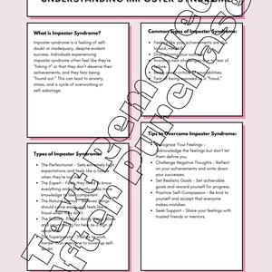 May include: An educational infographic titled Understanding Imposter Syndrome with black text on a white background. It outlines definitions, common signs, types, and tips to overcome the syndrome, including a copyright notice and website.