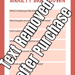 May include: A white worksheet titled ANXIETY BREAKDOWN with a coral border and six horizontal sections containing prompts about thoughts, body sensations, and control, with the website PARISCOUNSELINGLLC.ORG at the bottom.