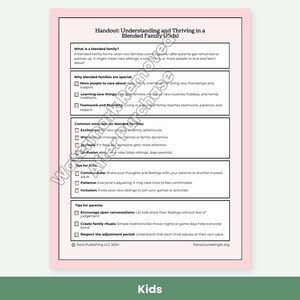 May include: A printed handout titled Understanding and Thriving in a Blended Family (Kids) with a light pink border. The document contains sections on blended family definitions, benefits, common emotions, and tips for kids and parents.