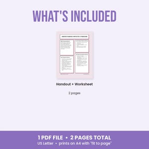 May include: A digital document titled WHAT'S INCLUDED featuring a handout and worksheet about Understanding Imposter Syndrome. The document consists of 2 pages in a PDF file format, designed for US Letter size and printable on A4 paper.