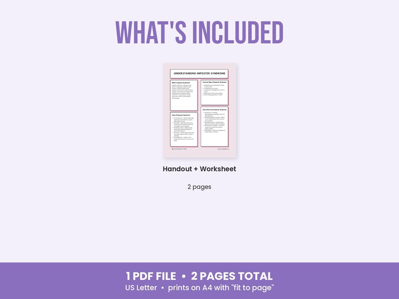 May include: A digital document titled WHAT'S INCLUDED featuring a handout and worksheet about Understanding Imposter Syndrome. The document consists of 2 pages in a PDF file format, designed for US Letter size and printable on A4 paper.